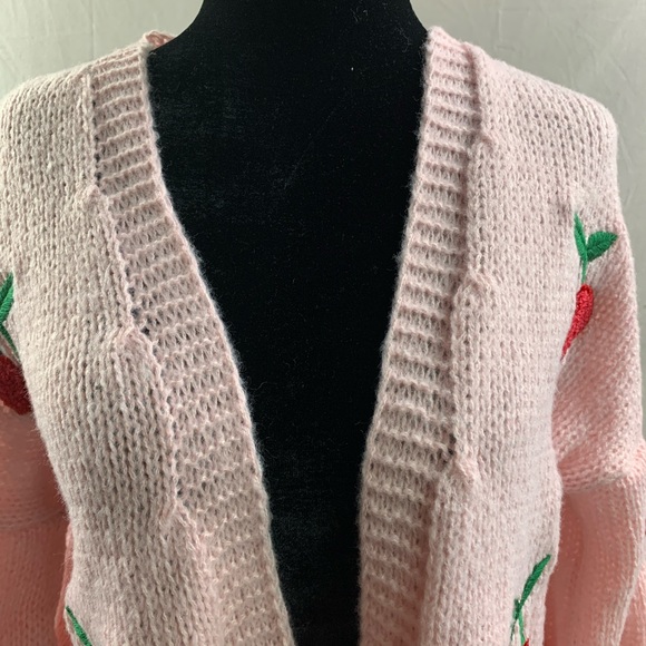 Pink Cherry Embroidery Lantern Sleeve Cardigan - Picture 8 of 10